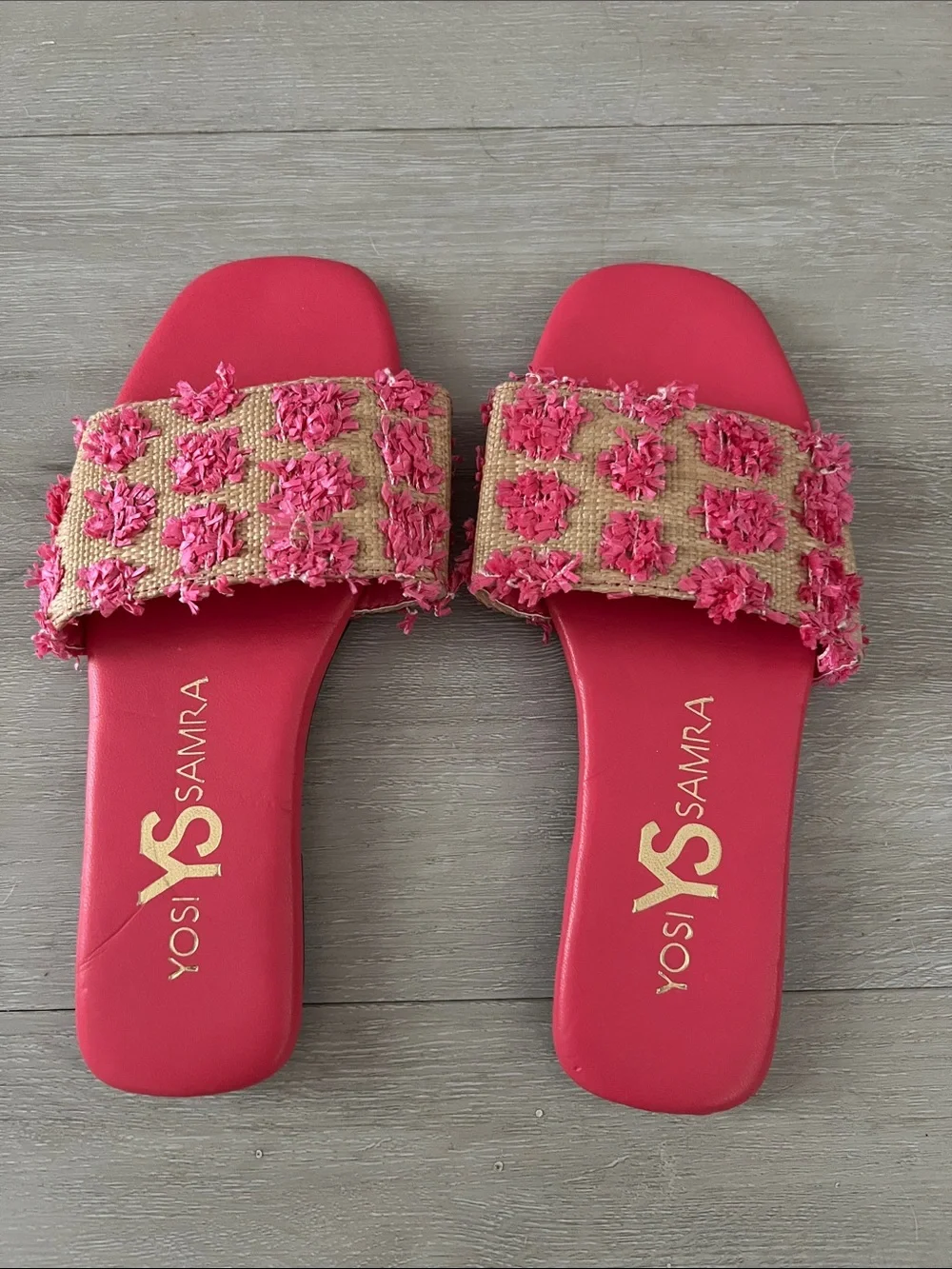 Yosi Samra Hot Pink Floral Embroidered Slide Sandals